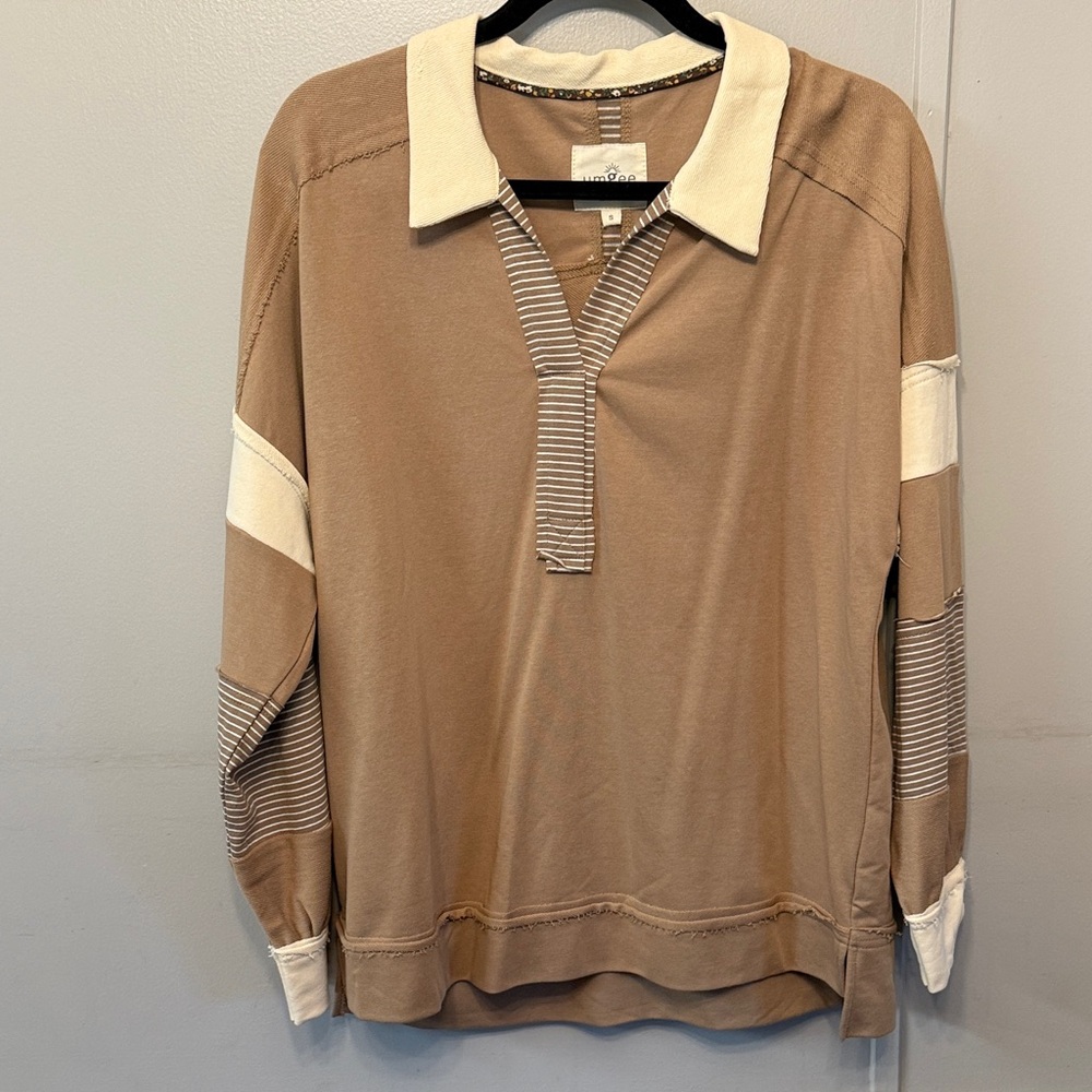 Umgee Tan and Cream Striped Long Sleeve Top